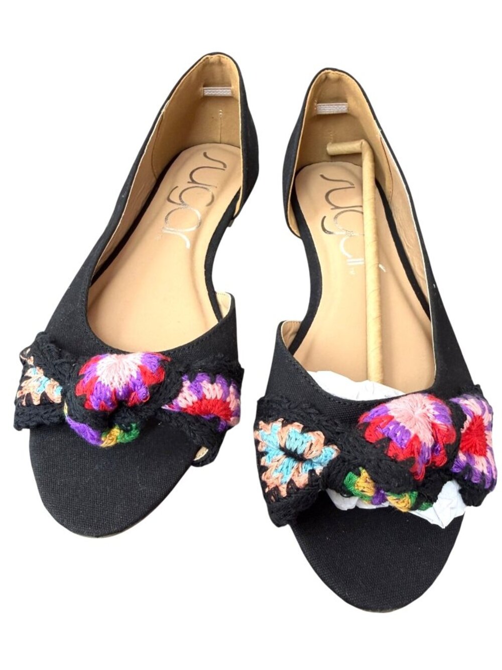 Sugar Women's Black Flats With Multicolor Crochet Bow Detail Size 9M